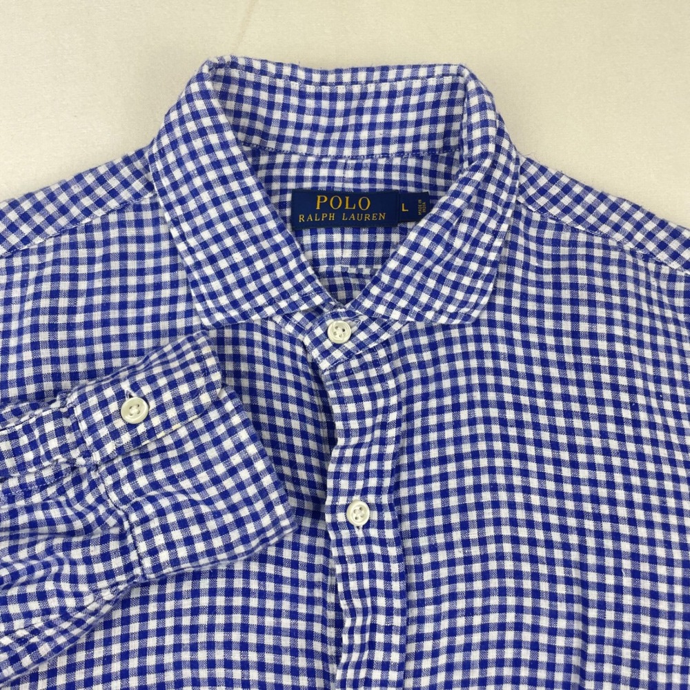 Polo Ralph Lauren Mens Blue White Gingham 100% Linen Button Down Shirt Large